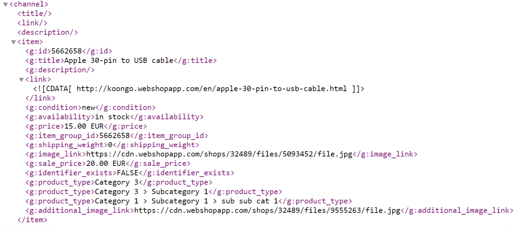 Voorbeeld van een XML feed die is gemaakt door automatiseringstools voor productfeeds en datafeedbeheer.  