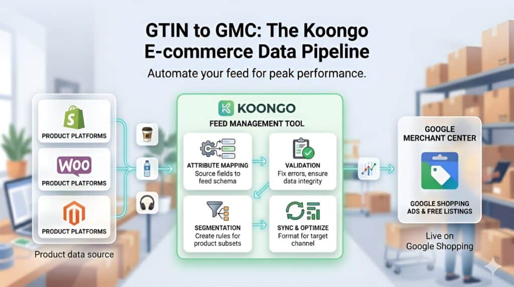 Koongo feed management workflow connecting Shopify, WooCommerce, and Magento product data to Google Merchant Center for Google Shopping ads and free listings. Diagram shows automated e-commerce feed optimization process including GTIN mapping, product feed validation, segmentation, synchronization, and attribute optimization to improve Google Shopping performance and prevent feed errors.