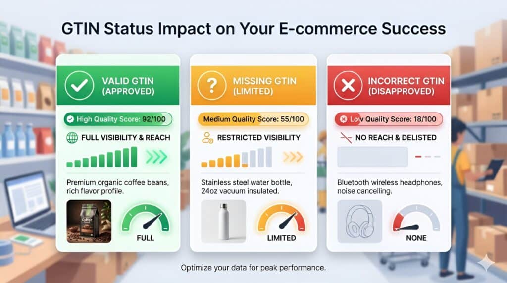 GTIN status comparison for Google Shopping product feeds showing valid GTIN approved products with full visibility, missing GTIN products with limited reach, and incorrect GTIN products disapproved from Google Merchant Center. Infographic explains how GTIN quality affects e-commerce performance, product visibility, Shopping ads reach, and feed optimization for online stores using Google Shopping and Koongo.