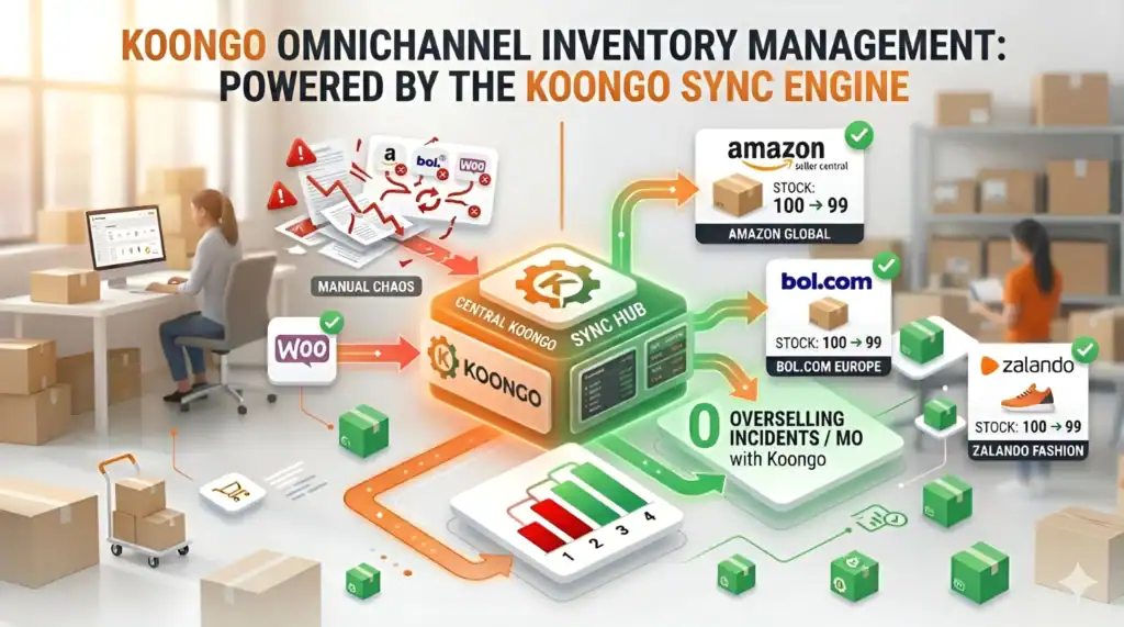 Centralized inventory management with Koongo sync engine automatically updating stock across Amazon, bol.com, Zalando and WooCommerce with zero overselling incidents