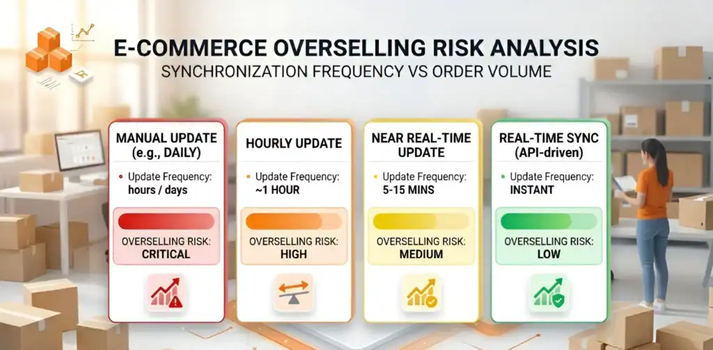 E-commerce overselling risk comparison showing manual, hourly, near real-time and real-time inventory updates and their impact on stock accuracy