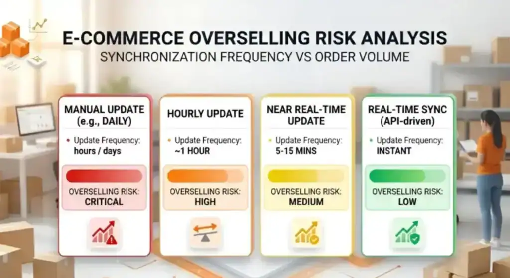 E-commerce overselling risk comparison showing manual, hourly, near real-time and real-time inventory updates and their impact on stock accuracy