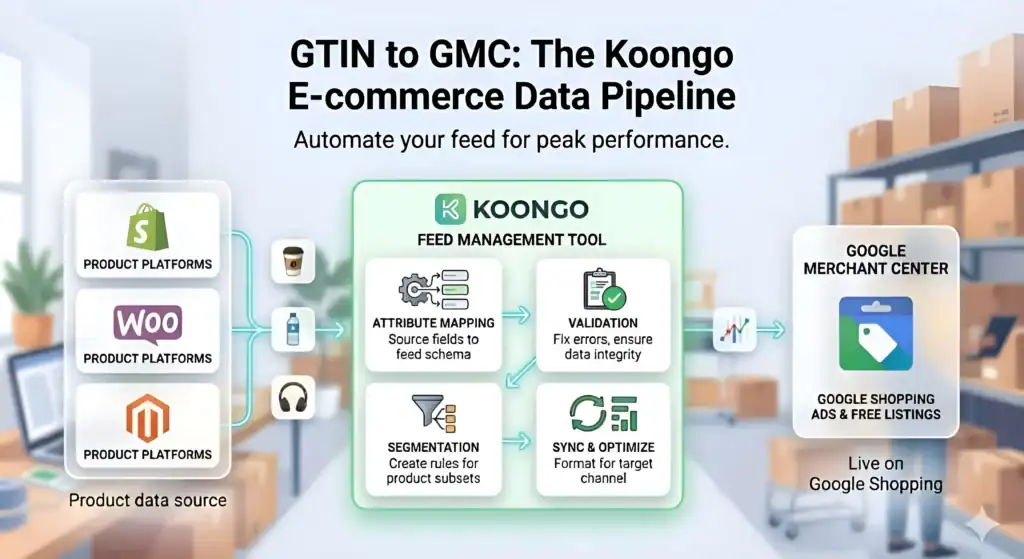 Koongo feed management workflow connecting Shopify, WooCommerce, and Magento product data to Google Merchant Center for Google Shopping ads and free listings. Diagram shows automated e-commerce feed optimization process including GTIN mapping, product feed validation, segmentation, synchronization, and attribute optimization to improve Google Shopping performance and prevent feed errors.