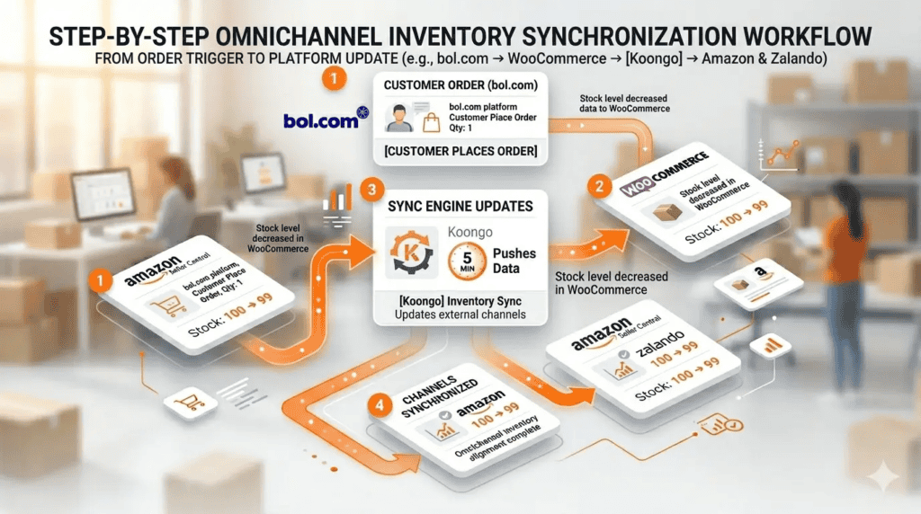 Omnichannel inventory synchronization workflow from customer order to automatic stock updates across Amazon, bol.com, WooCommerce and Zalando