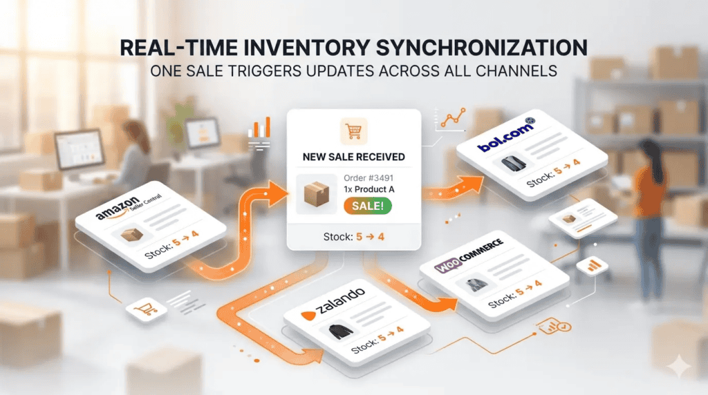 Real-time inventory synchronization across Amazon, bol.com, Zalando and WooCommerce showing automatic stock update after a sale to prevent overselling