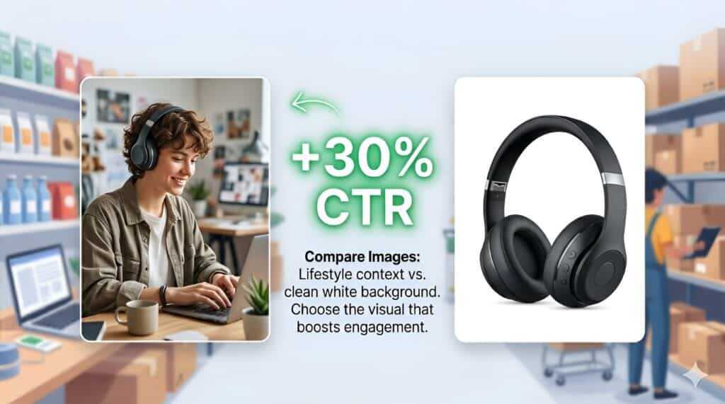 Comparison of lifestyle product image versus clean white background product photo for Google Shopping optimization. Infographic demonstrates how high-quality product images can improve click-through rate (CTR) by 30% in e-commerce advertising. Shows headphones in lifestyle context and isolated studio image for better Google Shopping feed performance, product visibility, and conversion optimization.