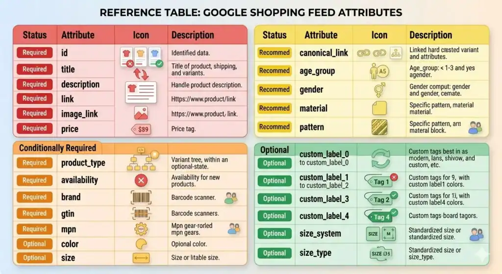 Reference table of Google Shopping feed attributes showing required, conditionally required, recommended, and optional fields such as title, description, GTIN, brand, availability, custom labels, and size attributes, with icons and descriptions for each attribute type.