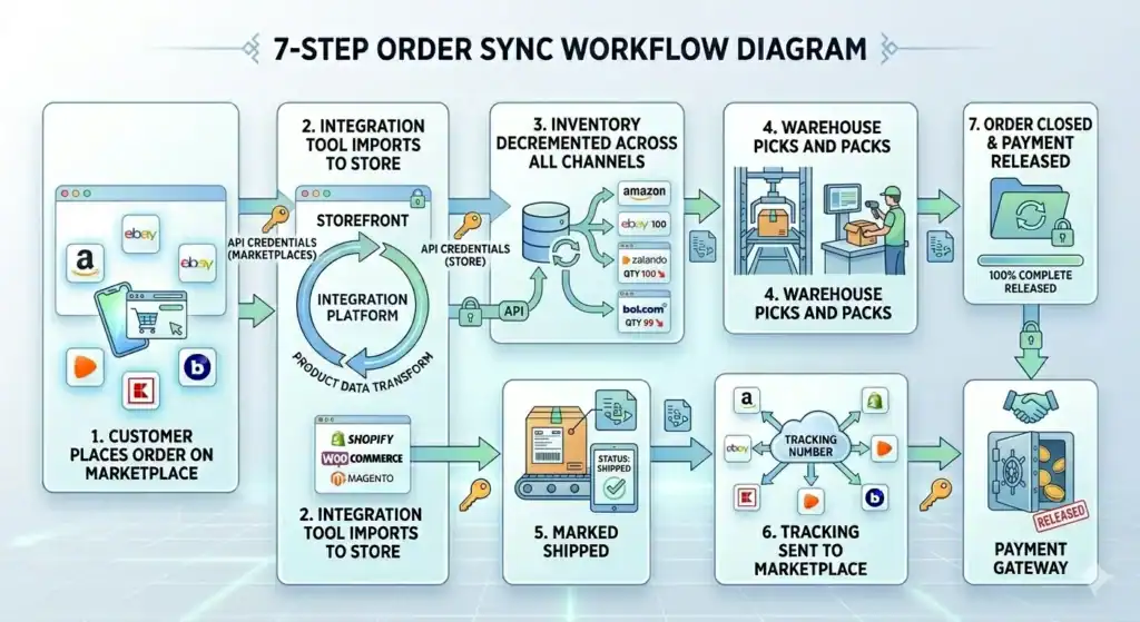 7-step order sync workflow diagram showing how marketplace orders are processed through an e-commerce integration system. Step 1 shows a customer placing an order on marketplaces such as Amazon, eBay, Zalando, Kaufland, and Bol.com. Step 2 shows an integration platform importing orders into storefront systems like Shopify, WooCommerce, and Magento using API credentials. Step 3 displays inventory automatically updated across all sales channels. Step 4 illustrates warehouse staff picking and packing the order. Step 5 marks the order as shipped. Step 6 sends tracking information back to marketplaces. Step 7 closes the order and releases the payment through the payment gateway.