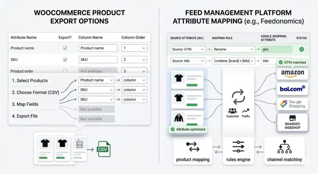 Side-by-side comparison of WooCommerce product export options and a feed management platform attribute mapping interface, showing how product data is mapped, optimized, and synchronized with Google Shopping, Amazon, bol.com, and branded webshops.