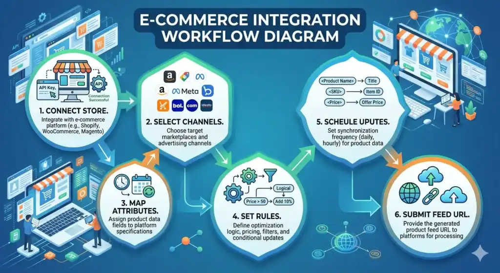 E-commerce integration workflow diagram showing the complete product feed management process for multichannel selling. The illustration explains how Shopify, WooCommerce, and Magento stores connect to marketplaces and advertising channels including Amazon, Meta Ads, bol.com, Google Shopping, and Idealo. The workflow includes product attribute mapping, feed optimization rules, inventory synchronization scheduling, product data transformation, automated feed updates, and feed URL submission for marketplace integration and product listing automation.