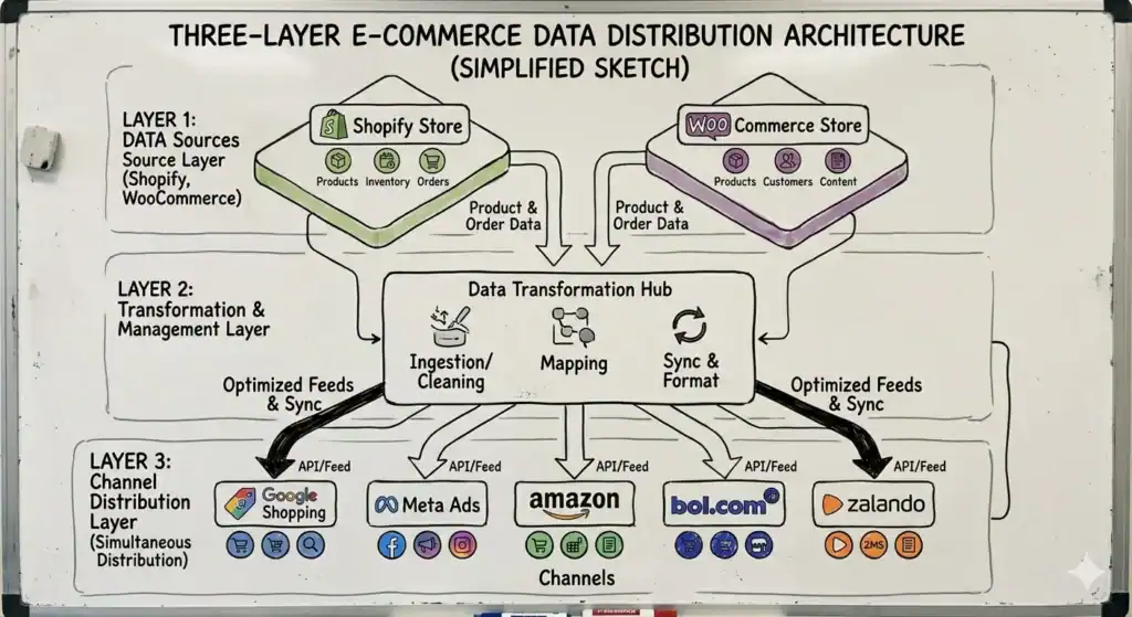 Diagram of a three-layer architecture for e-commerce data distribution. The first layer consists of data sources - Shopify Store and WooCommerce Store  containing products, inventory, orders, customers, and content. The data flows into the second layer, the Data Transformation Hub, where data ingestion, cleaning, mapping, and synchronization take place. Subsequently, optimized feeds are distributed to the third layer of channels via APIs, including Google Shopping, Meta Ads, Amazon, bol.com, and Zalando. The diagram illustrates centralized management and simultaneous distribution of e-commerce data across multiple platforms.
