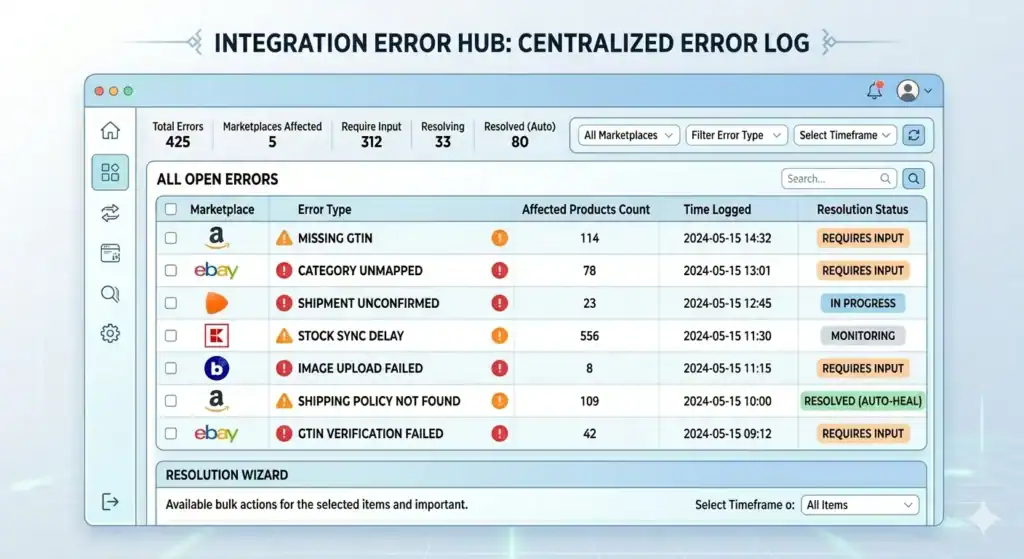 Dashboard interface titled “Integration Error Hub: Centralized Error Log” displaying marketplace integration issues across multiple e-commerce platforms. The screen shows error statistics including total errors, affected marketplaces, and items requiring input. A central table lists open errors from Amazon, eBay, Zalando, Kaufland, and Bol.com, with issues such as missing GTIN, category unmapped, shipment unconfirmed, stock sync delay, image upload failed, and GTIN verification failed. Each row includes affected product count, timestamp, and resolution status such as “Requires Input,” “In Progress,” “Monitoring,” or “Resolved (Auto-Heal).” The interface also includes filters, search functionality, and a resolution wizard section for bulk actions.