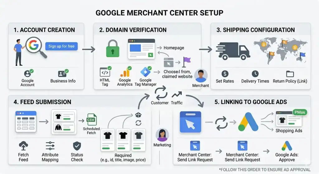Step-by-step Google Merchant Center setup diagram showing account creation, domain verification, shipping configuration, product feed submission, and linking Merchant Center to Google Ads for Shopping campaigns and Performance Max ads.