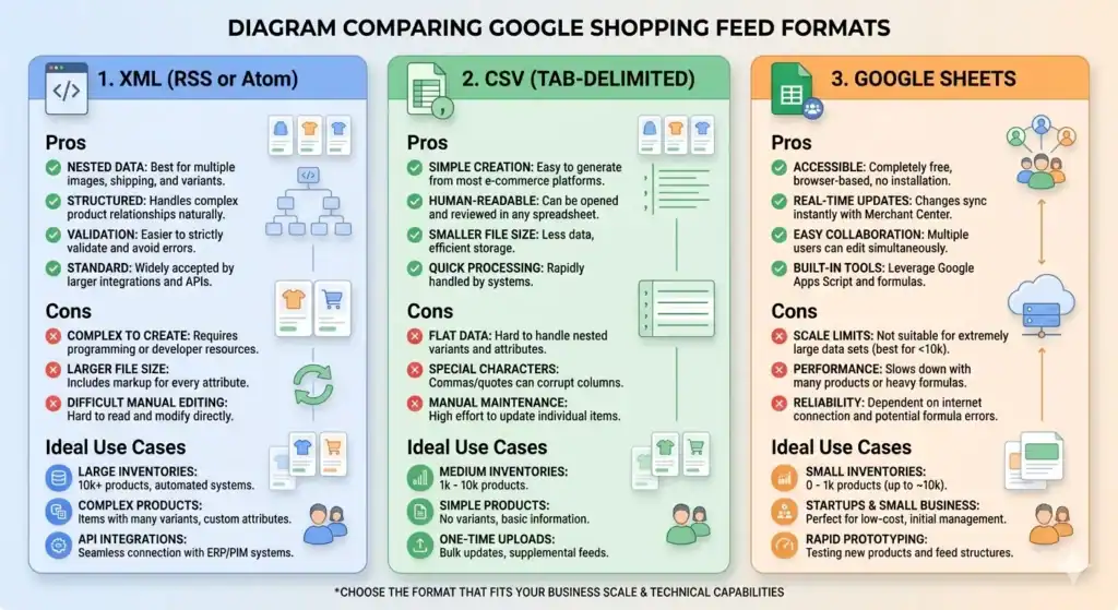 Infographic comparing Google Shopping feed formats: XML, CSV, and Google Sheets, including their pros, cons, and ideal use cases for different e-commerce store sizes and automation needs.