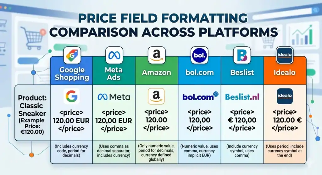 `Comparison table showing how product price fields must be formatted differently across e-commerce platforms and marketplaces including Google Shopping, Meta Ads, Amazon, bol.com, Beslist, and Idealo. The diagram explains product feed price attribute formatting rules, XML price structure differences, currency formatting requirements, decimal separators, marketplace feed specifications, and cross-platform product data mapping for multichannel e-commerce feed management.`
