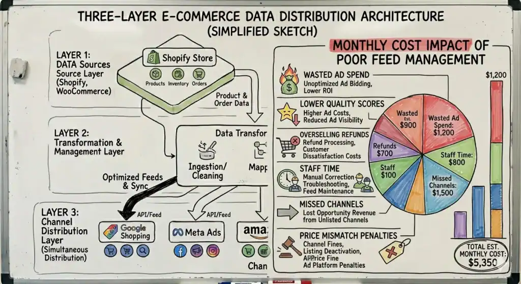 Alt text:
Hand-drawn infographic titled “Three-Layer E-Commerce Data Distribution Architecture (Simplified Sketch)” displayed on a whiteboard. On the left side, the diagram explains a three-layer system for distributing e-commerce data. Layer 1 shows data sources such as Shopify Store and WooCommerce containing products, inventory, and orders. Arrows lead to Layer 2, a “Data Transformation” section where ingestion, cleaning, mapping, and synchronization of data occur. Optimized feeds are then distributed through APIs to Layer 3 channels including Google Shopping, Meta Ads, and Amazon.  On the right side, a section titled “Monthly Cost Impact of Poor Feed Management” illustrates business losses caused by bad product feed management. It lists issues such as wasted ad spend, lower quality scores, overselling refunds, staff time, missed sales channels, and price mismatch penalties. A colorful pie chart and bar chart visualize estimated monthly losses, with the total estimated monthly cost shown as $5,350.
