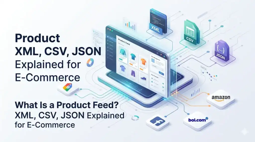 Illustration showing an e-commerce product feed system using XML, CSV, and JSON formats connected to Amazon, Facebook, and bol.com marketplaces.
