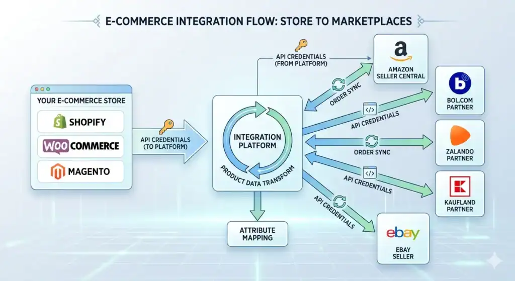 Diagram illustrating the integration flow between an e-commerce store and multiple marketplace platforms. On the left are Shopify, WooCommerce, and Magento connected via API credentials to a central integration platform. The platform handles product data transformation, order synchronization, and attribute mapping. On the right are Amazon Seller Central, Bol.com Partner, Zalando Partner, Kaufland Partner, and eBay Seller, connected through API credentials and order sync processes.