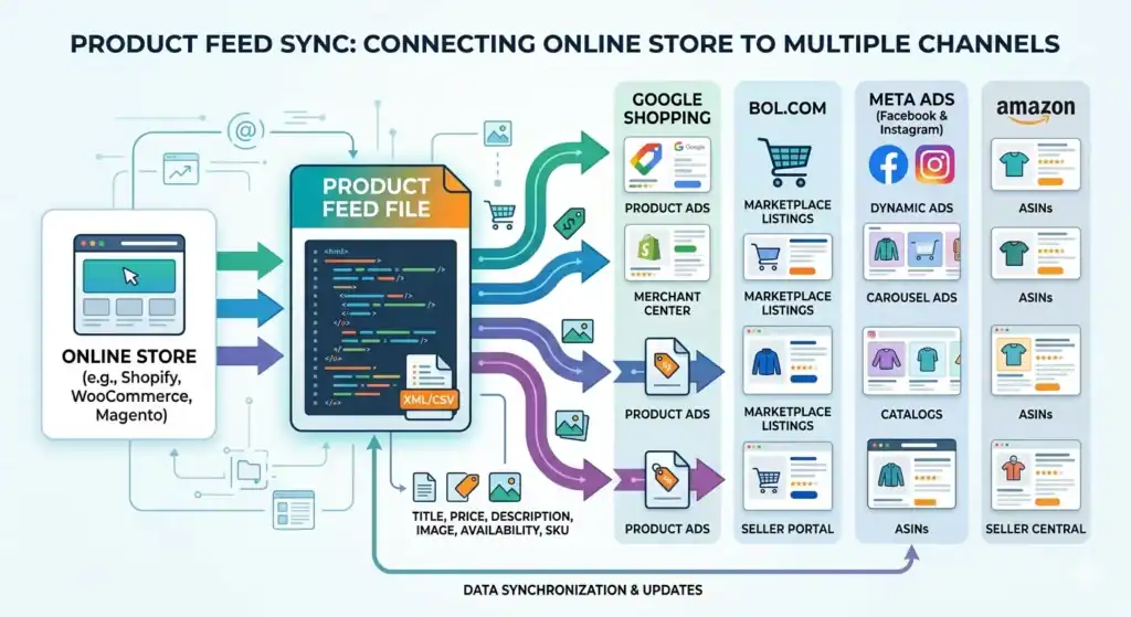 Detailed product feed synchronization diagram showing how an online store using Shopify, WooCommerce, or Magento sends product data through XML and CSV product feed files to multiple sales and advertising channels including Google Shopping, Amazon, bol.com, and Meta Ads. The illustration explains marketplace feed management, automated inventory synchronization, product data mapping, Merchant Center integration, ASIN management, dynamic ads, catalog synchronization, and real-time e-commerce multichannel product feed updates.