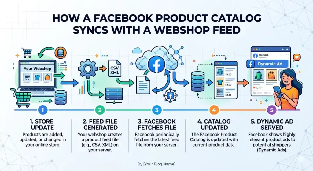 Facebook product catalog sync process showing how a webshop generates a product feed file (CSV/XML), Facebook fetches the feed, updates the product catalog, and serves dynamic ads with current product data to shoppers.