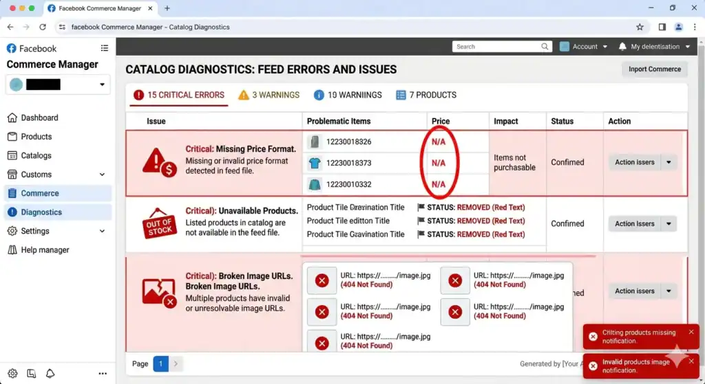 Screenshot of Facebook Commerce Manager Catalog Diagnostics showing common product feed errors, including missing price formats, unavailable products, broken image URLs, and catalog issues affecting dynamic Facebook ads.