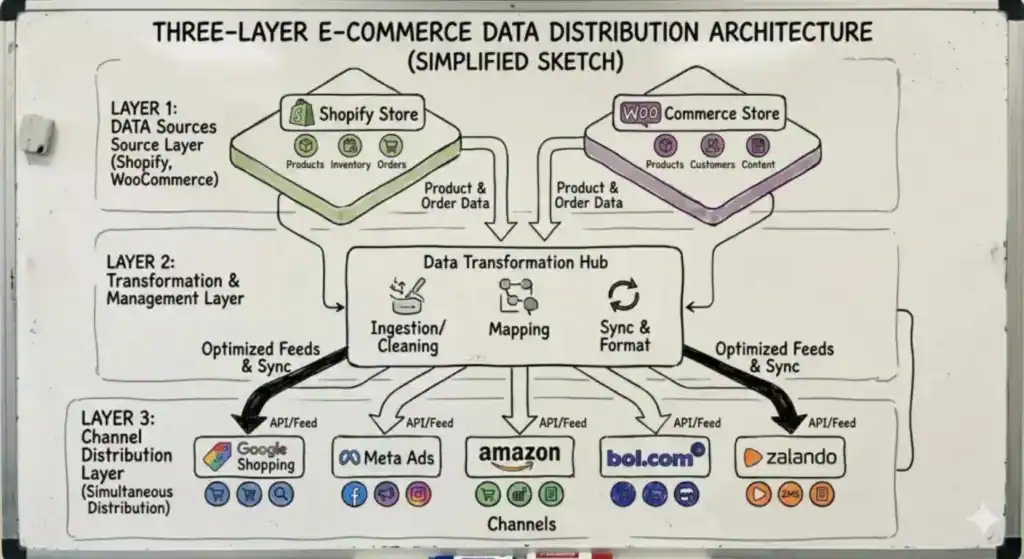 Diagram of a three-layer architecture for e-commerce data distribution. The first layer consists of data sources - Shopify Store and WooCommerce Store  containing products, inventory, orders, customers, and content. The data flows into the second layer, the Data Transformation Hub, where data ingestion, cleaning, mapping, and synchronization take place. Subsequently, optimized feeds are distributed to the third layer of channels via APIs, including Google Shopping, Meta Ads, Amazon, bol.com, and Zalando. The diagram illustrates centralized management and simultaneous distribution of e-commerce data across multiple platforms.
