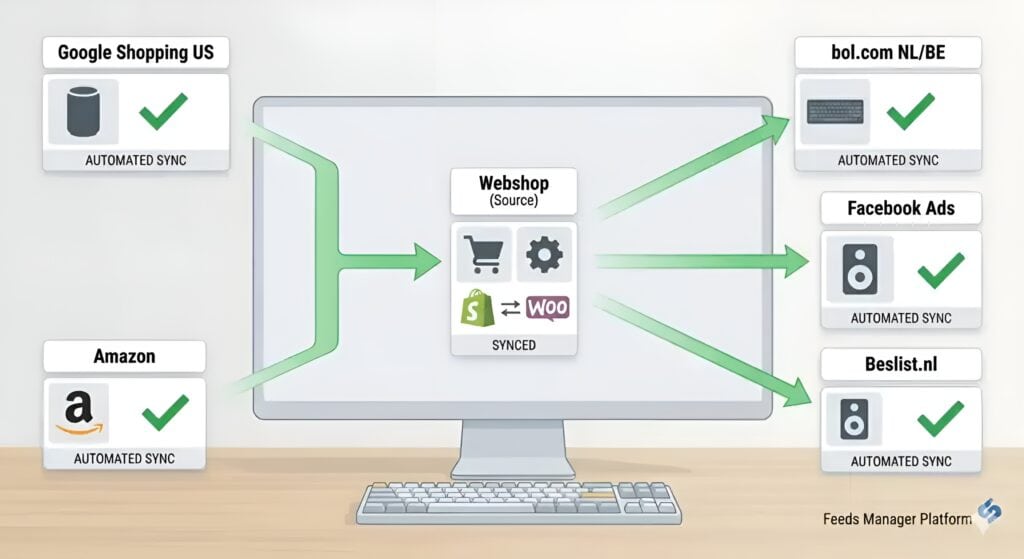 Diagram showing automated multi-channel product feed synchronization from a webshop source to Google Shopping, Amazon, bol.com, Facebook Ads, and Beslist.nl, with centralized inventory and product data management across multiple e-commerce platforms.