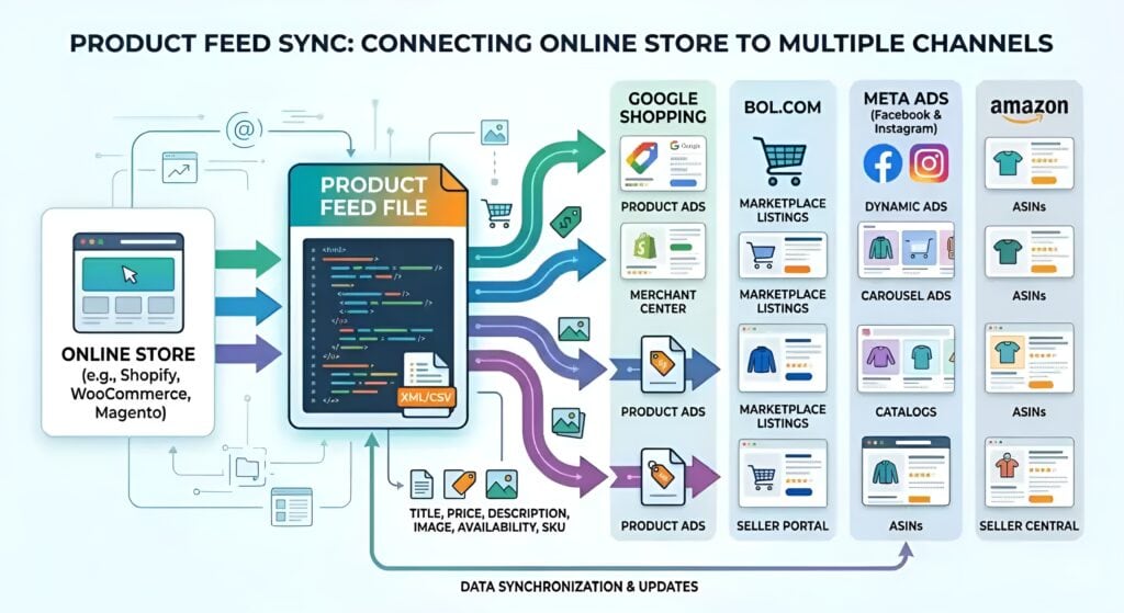 Detailed product feed synchronization diagram showing how an online store using Shopify, WooCommerce, or Magento sends product data through XML and CSV product feed files to multiple sales and advertising channels including Google Shopping, Amazon, bol.com, and Meta Ads. The illustration explains marketplace feed management, automated inventory synchronization, product data mapping, Merchant Center integration, ASIN management, dynamic ads, catalog synchronization, and real-time e-commerce multichannel product feed updates.