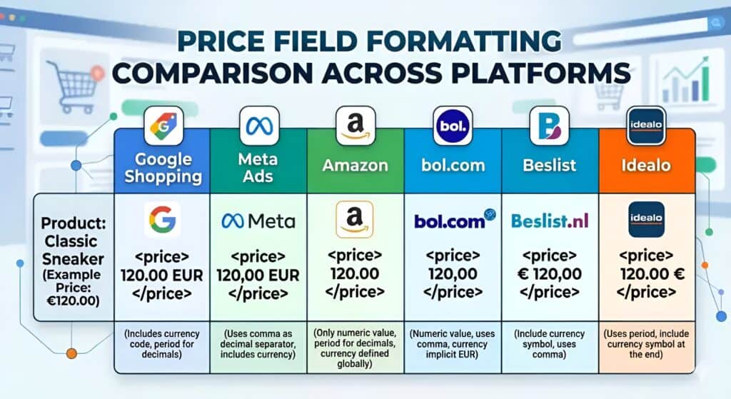 Comparison table showing how product price fields must be formatted differently across e-commerce platforms and marketplaces including Google Shopping, Meta Ads, Amazon, bol.com, Beslist, and Idealo. The diagram explains product feed price attribute formatting rules, XML price structure differences, currency formatting requirements, decimal separators, marketplace feed specifications, and cross-platform product data mapping for multichannel e-commerce feed management.
