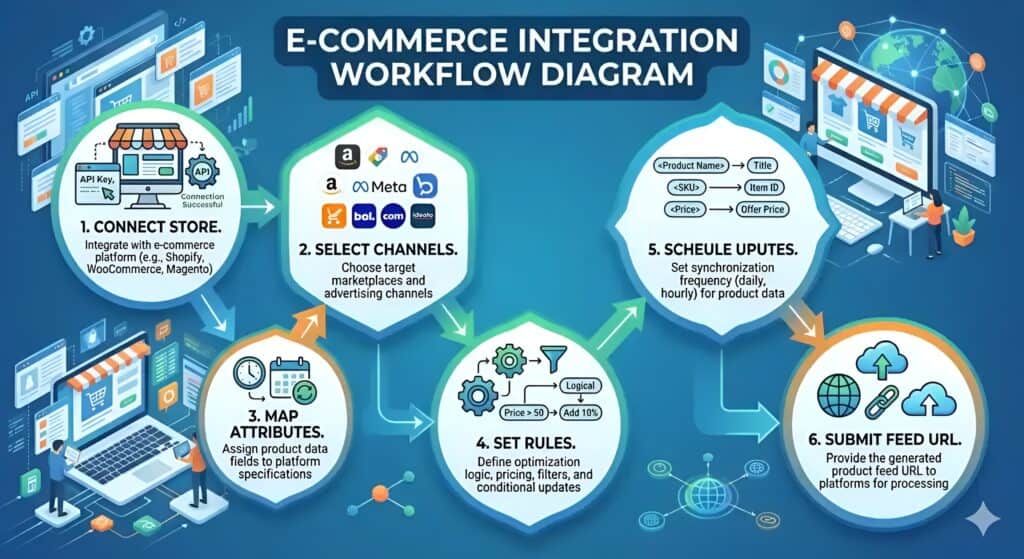 E-commerce integration workflow diagram showing the complete product feed management process for multichannel selling. The illustration explains how Shopify, WooCommerce, and Magento stores connect to marketplaces and advertising channels including Amazon, Meta Ads, bol.com, Google Shopping, and Idealo. The workflow includes product attribute mapping, feed optimization rules, inventory synchronization scheduling, product data transformation, automated feed updates, and feed URL submission for marketplace integration and product listing automation.