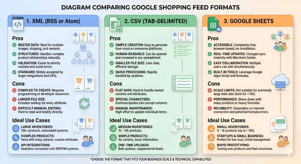 Infographic comparing Google Shopping feed formats: XML, CSV, and Google Sheets, including their pros, cons, and ideal use cases for different e-commerce store sizes and automation needs.