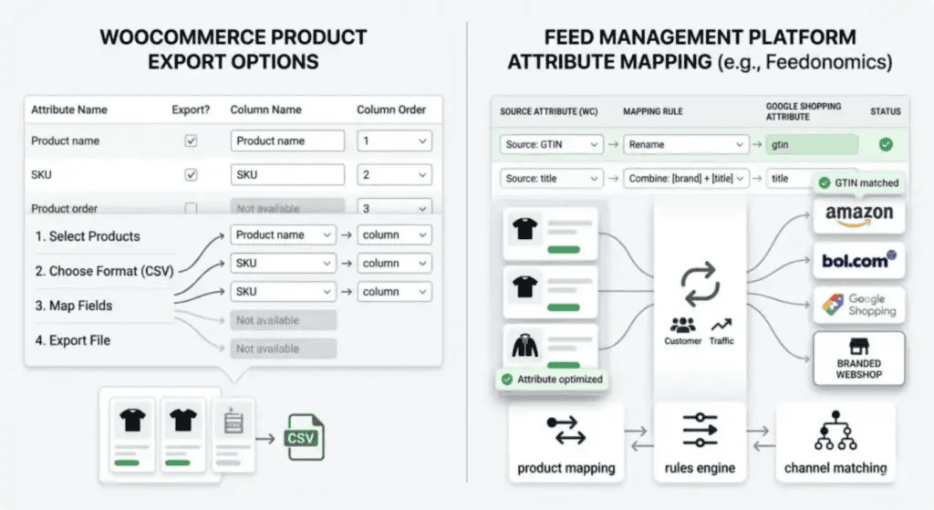 Side-by-side comparison of WooCommerce product export options and a feed management platform attribute mapping interface, showing how product data is mapped, optimized, and synchronized with Google Shopping, Amazon, bol.com, and branded webshops.