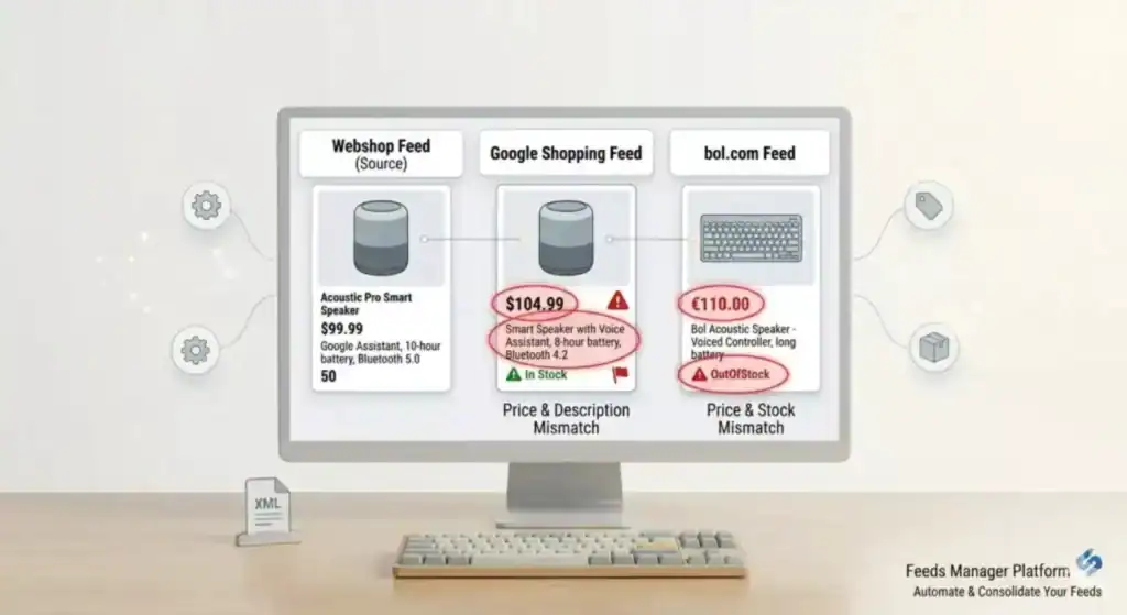 Illustration of a multi-channel product feed showing mismatched product data between a webshop source feed, Google Shopping feed, and bol.com feed, highlighting price inconsistencies, stock mismatches, and product feed synchronization errors across e-commerce platforms.