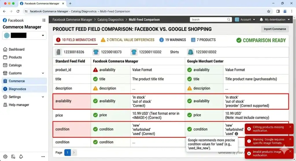 Comparison table showing differences between Facebook Commerce Manager and Google Merchant Center product feed fields, including availability, price formatting, condition values, and common feed mismatch warnings across both platforms.

