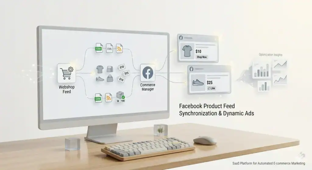 Minimal workspace illustration showing a webshop product feed connected to Facebook Commerce Manager, with automated product synchronization, dynamic Facebook ads, pricing data, and e-commerce analytics on a clean light background.
