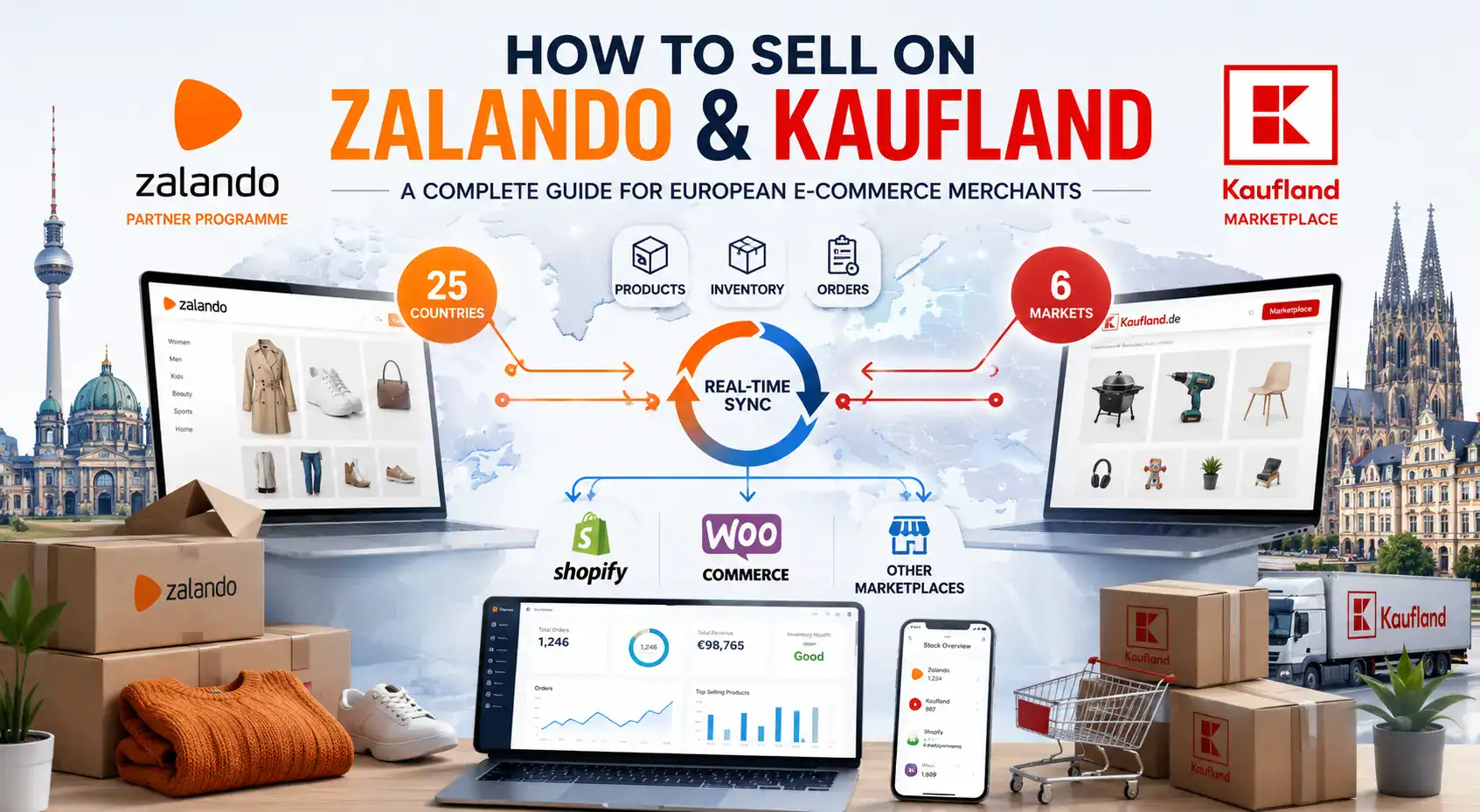 Featured illustration showing Zalando Partner Programme and Kaufland Marketplace integration with Shopify and WooCommerce, including real-time inventory synchronization, order management, and multichannel ecommerce across Europe.
