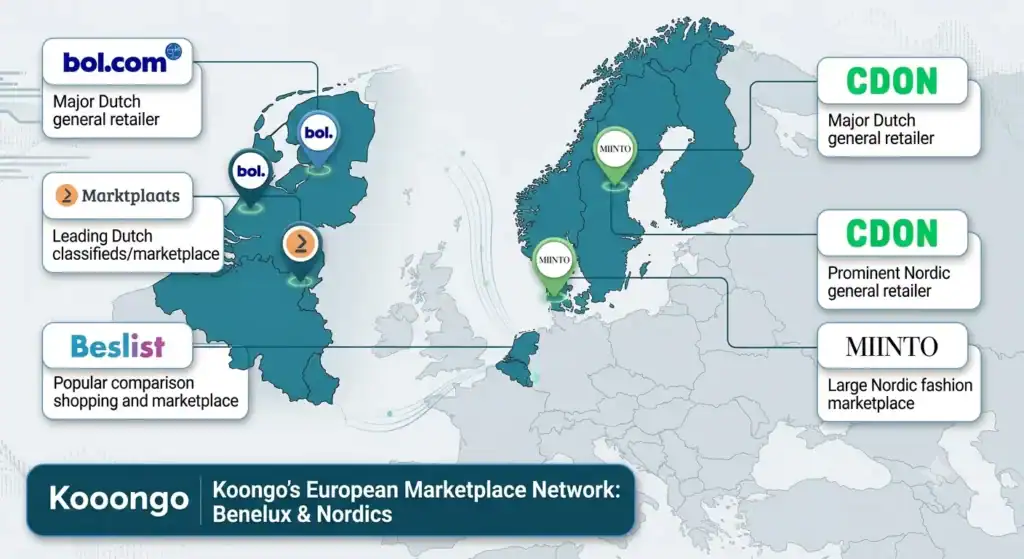 European marketplace network supported by Koongo, featuring Benelux and Nordic marketplaces including bol.com, CDON, Beslist, Marktplaats, and Miinto.