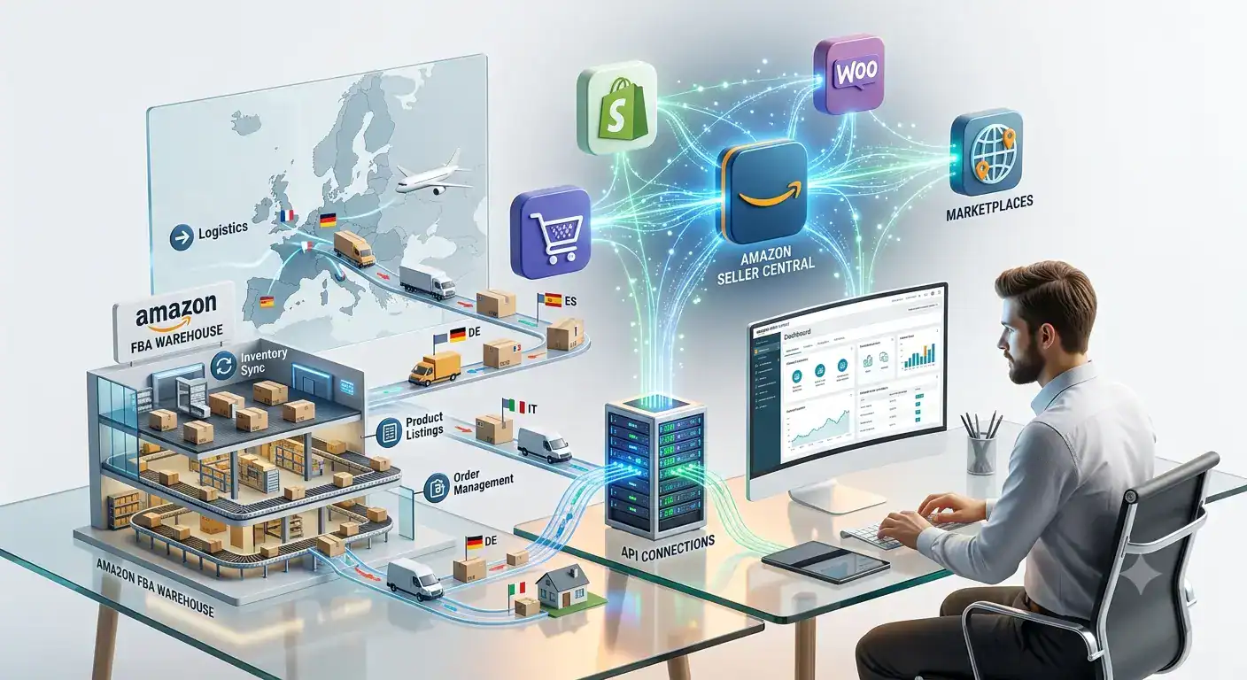 Hero illustration showing a European ecommerce merchant selling on Amazon with Shopify and WooCommerce integration, Amazon Seller Central, inventory synchronization, product listings, and multichannel order management.