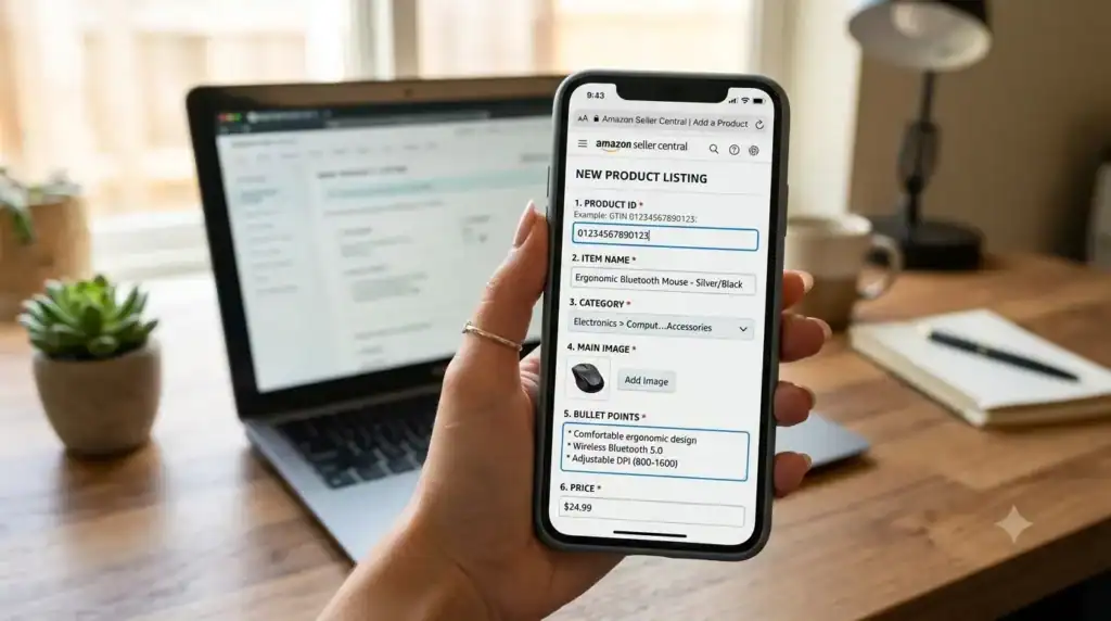 Product listing setup in Amazon Seller Central demonstrating mandatory product data fields for European ecommerce sellers.