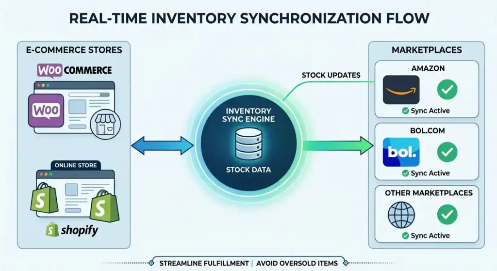 Inventory synchronization workflow connecting Shopify and WooCommerce with Amazon, bol.com, and multiple marketplaces through automated stock updates.