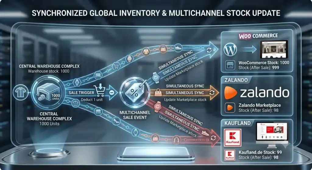 Real-time inventory synchronization between WooCommerce, Zalando, and Kaufland automatically updating stock levels across multiple sales channels after every order.