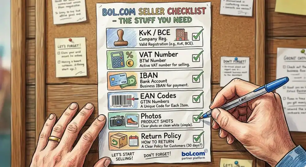 A detailed hand-drawn business checklist pinned to a corkboard, titled "Marketplace Seller Requirements". The checklist includes company registration, VAT number, business bank account (IBAN), barcode/EAN codes, professional product photos, and return policy. A realistic hand holding a blue pen is checking off completed tasks with green checkmarks. The scene has a warm office atmosphere, wooden background, sticky notes, and a clean organized workspace. Educational infographic style, highly detailed illustration, realistic sketch, vibrant colors, professional e-commerce theme, top-down perspective, high resolution.