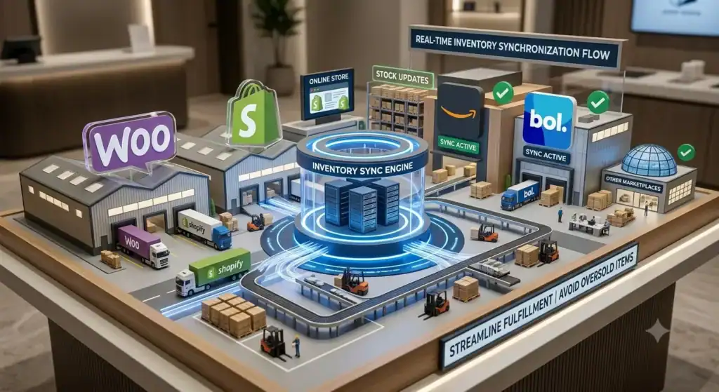 Warehouse-style visualization of multichannel inventory management with Shopify, WooCommerce, Amazon, bol.com, and automated stock synchronization.