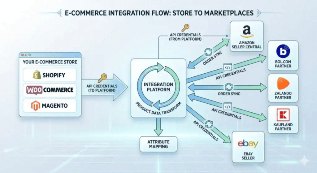 Diagram illustrating the integration flow between an e-commerce store and multiple marketplace platforms. On the left are Shopify, WooCommerce, and Magento connected via API credentials to a central integration platform. The platform handles product data transformation, order synchronization, and attribute mapping. On the right are Amazon Seller Central, Bol.com Partner, Zalando Partner, Kaufland Partner, and eBay Seller, connected through API credentials and order sync processes.