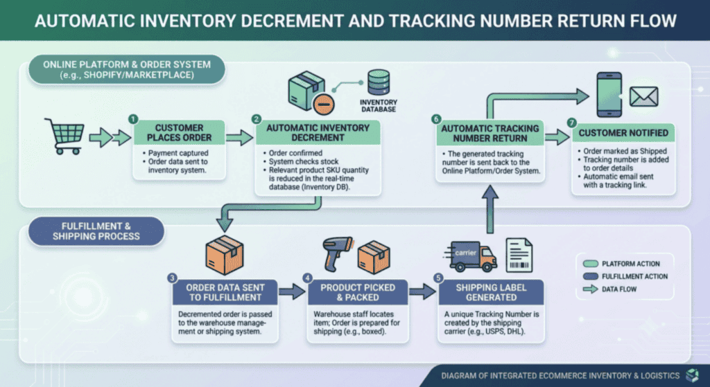 Diagram showing automated inventory synchronization, order processing, fulfillment workflow, shipping label generation, tracking number updates, and customer notifications across ecommerce marketplaces.