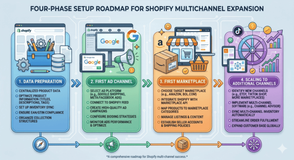Infographic showing a four-phase Shopify multichannel selling roadmap, including product data preparation, Google Shopping feed setup, marketplace integration, and scaling across multiple sales channels.