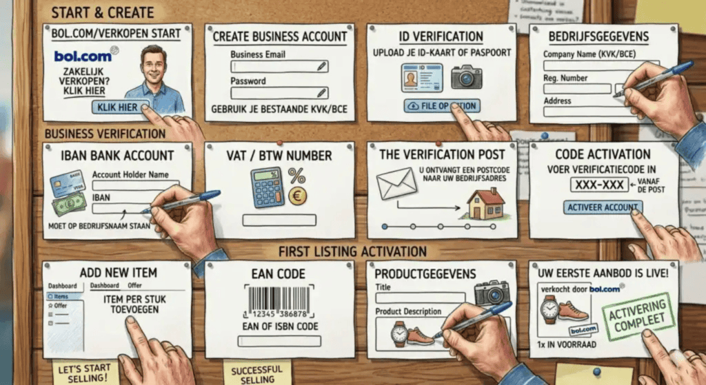 Infographic showing the step-by-step process to create a bol.com seller account, complete business verification, register EAN codes, and publish your first product listing.