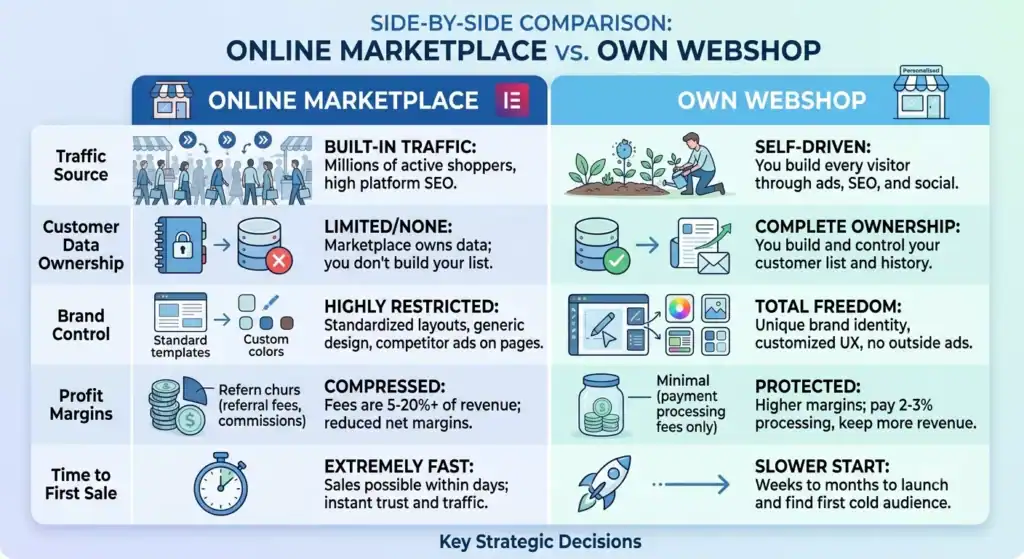 Comparison of selling through online marketplaces versus an own ecommerce store, highlighting differences in customer acquisition, data ownership, brand control, profit margins, and time to first sale.
