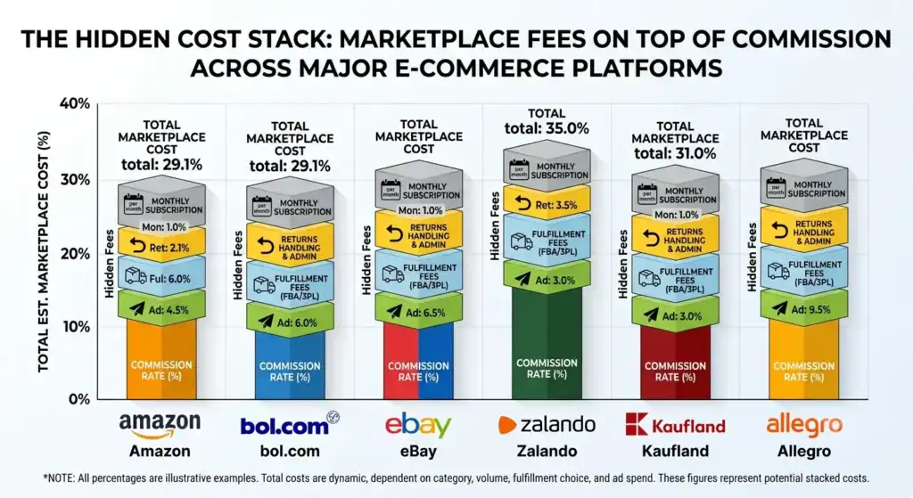 Stacked bar chart showing the total cost of selling on major European marketplaces, including commission, advertising, fulfillment, returns handling and monthly subscription fees for Amazon, bol.com, eBay, Zalando, Kaufland and Allegro.