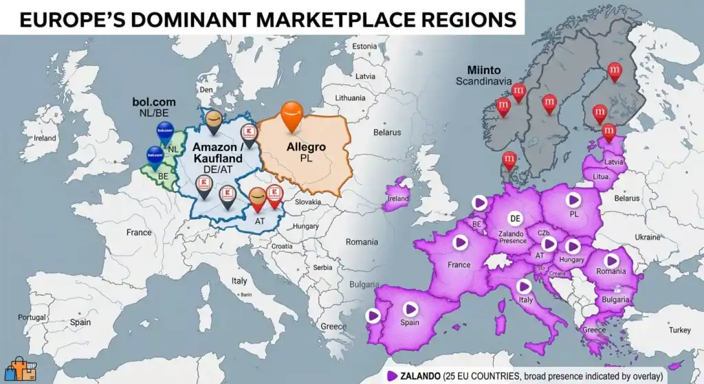 European marketplace map highlighting Amazon, bol.com, Zalando, Kaufland, Allegro, and Miinto by country and regional ecommerce dominance.